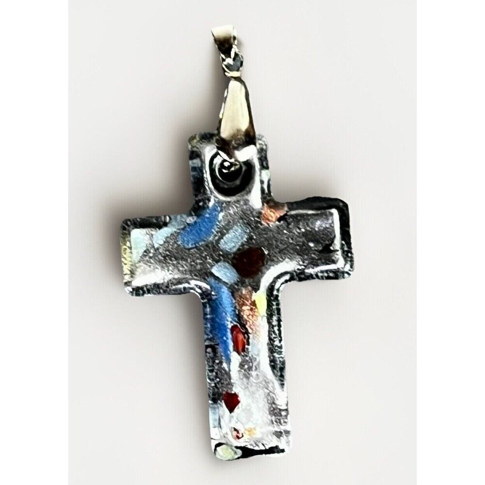 Hand Blown Glass Reversible Cross Pendant Murano Style Multi Color 2.50” 18KGP